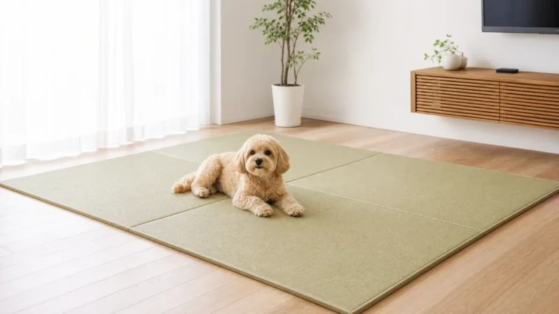 犬がくつろぐ正方形の置き畳スペース