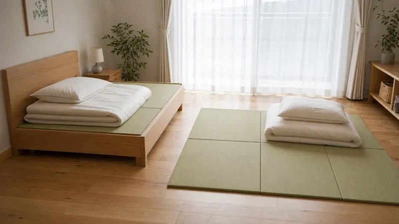 畳ベッドと置き畳に布団を敷く寝室の比較