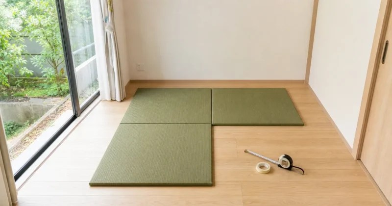 コンパクトな部屋で正方形の置き畳を3枚L字に並べて採寸する様子