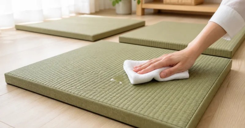 置き畳についた少量の水分を白い布で押さえている様子