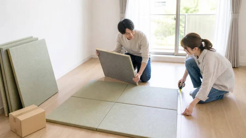 引っ越し先で置き畳を仮置きし寸法を測る様子