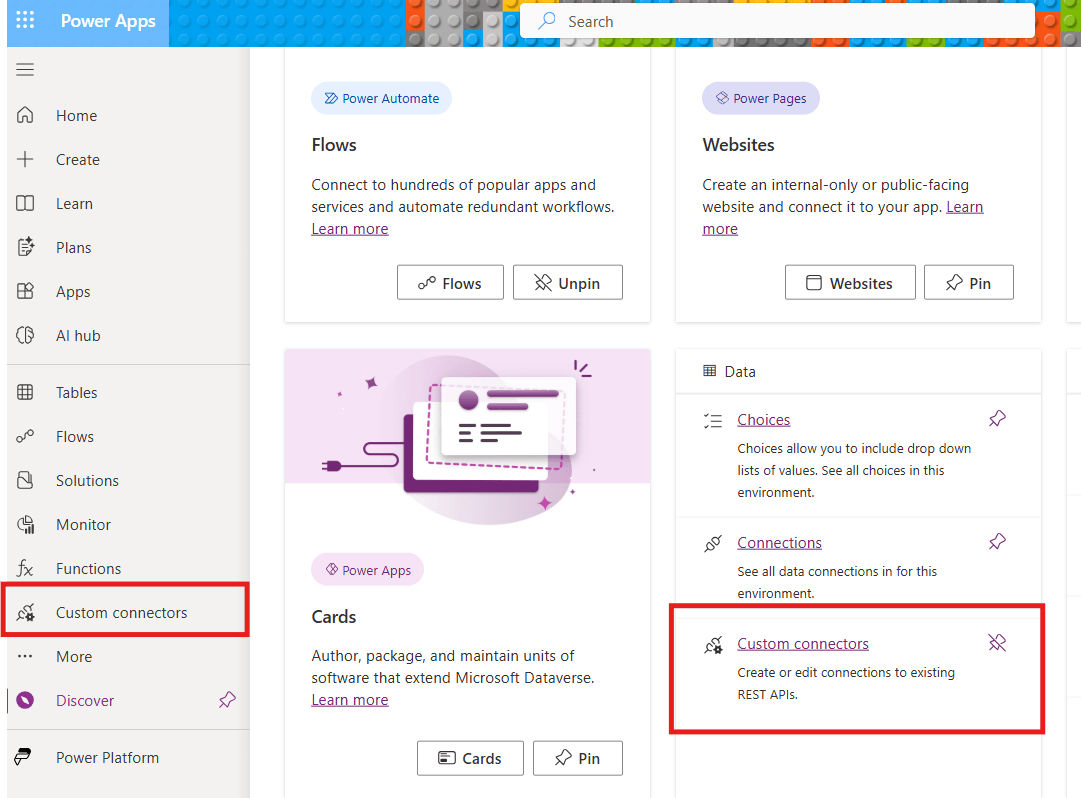 Power Apps navigation with Custom connectors highlighted in the sidebar and the Data card.