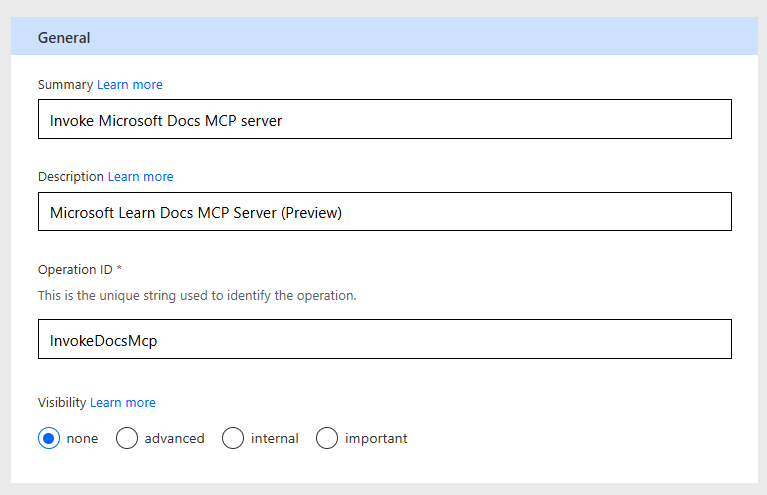 Custom connector action definition showing the summary, description and InvokeDocsMcp operation ID.