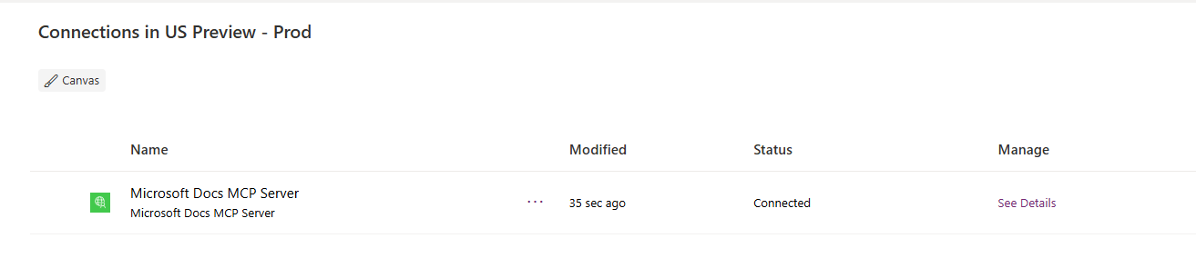 Microsoft Docs MCP Server connection listed with Connected status.