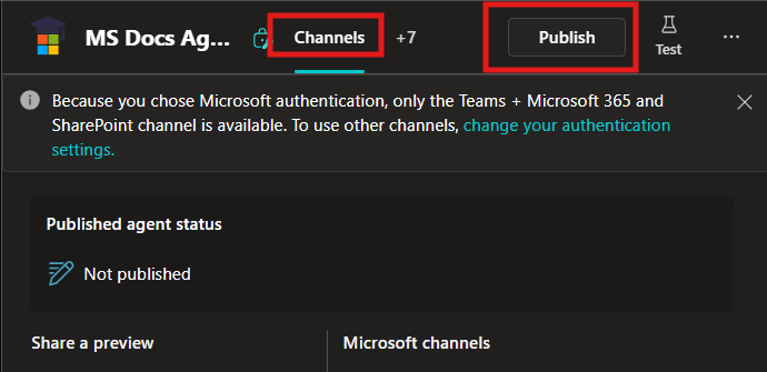 Channels tab and Publish button highlighted while the agent status is Not published.