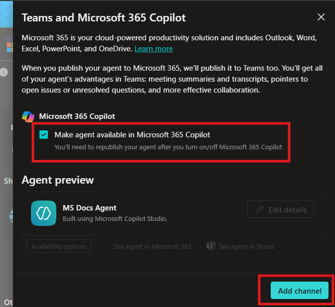 Teams channel setup with Make agent available in Microsoft 365 Copilot checked and Add channel highlighted.