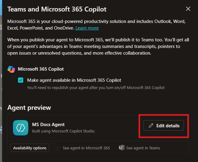 Edit details button highlighted in the Teams and Microsoft 365 Copilot channel preview.