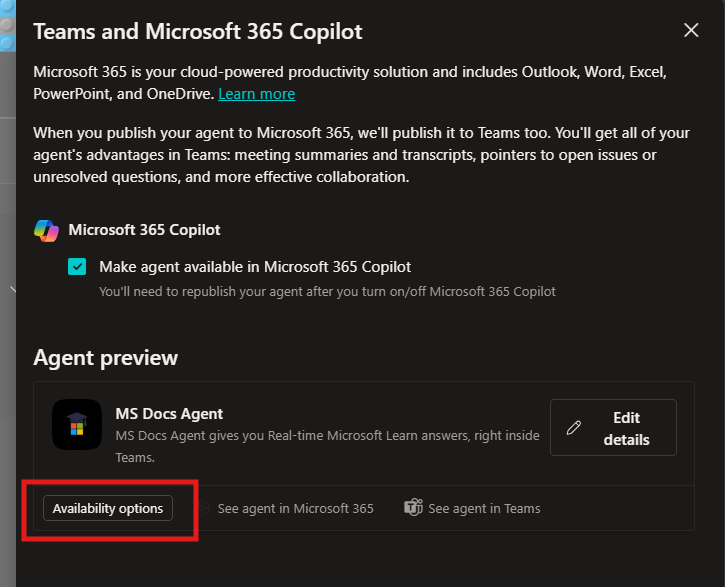 Availability options button highlighted below the agent preview in the Teams channel.