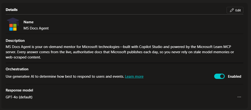 MS Docs Agent details with its name, description and generative orchestration enabled.