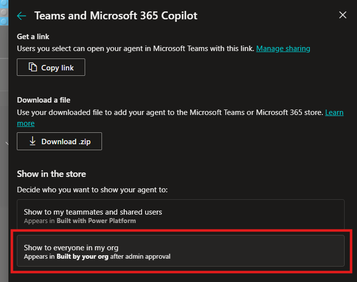Availability options with Show to everyone in my org highlighted under Show in the store.