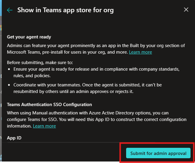 Show in Teams app store for org panel with Submit for admin approval highlighted.