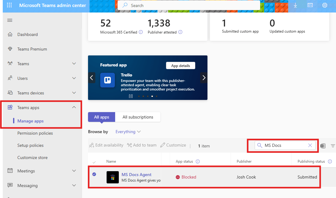 Teams admin center Manage apps search for MS Docs, showing MS Docs Agent with Blocked app status and Submitted publishing status.