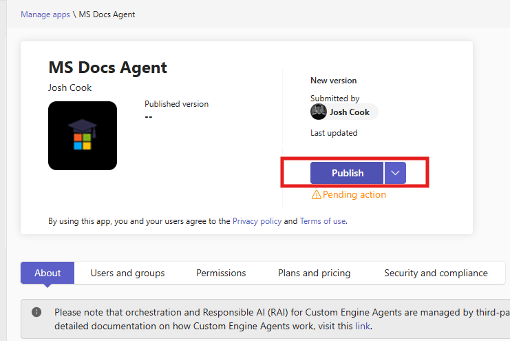MS Docs Agent page in Teams admin center with the Publish button highlighted and Pending action shown.