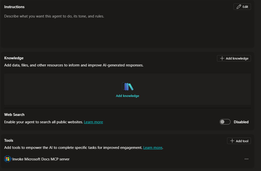 Agent overview with empty Instructions and Knowledge sections, Web Search disabled, and Invoke Microsoft Docs MCP server listed under Tools.