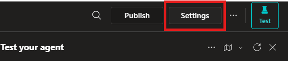 Settings button highlighted beside Publish in Copilot Studio.