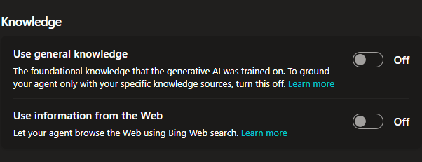 Knowledge settings with Use general knowledge and Use information from the Web both switched Off.