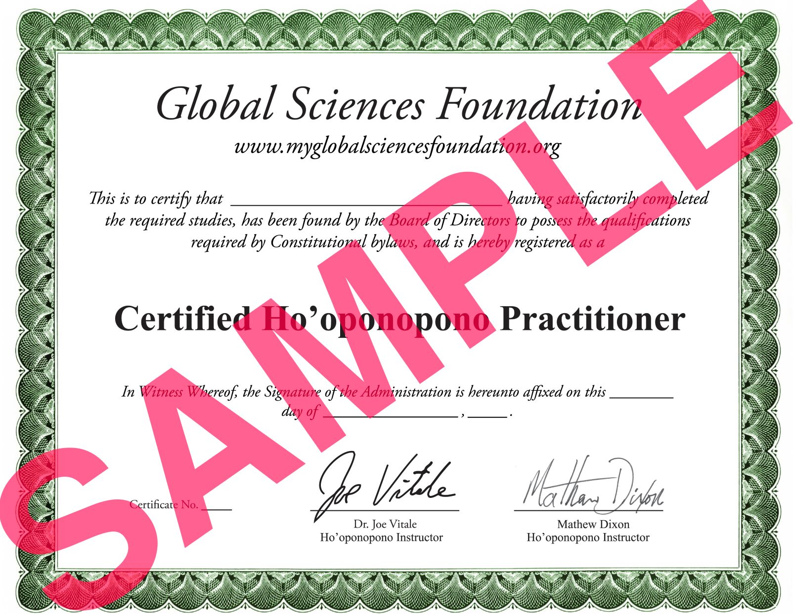 Sample Ho'oponopono Practitioner Certificate