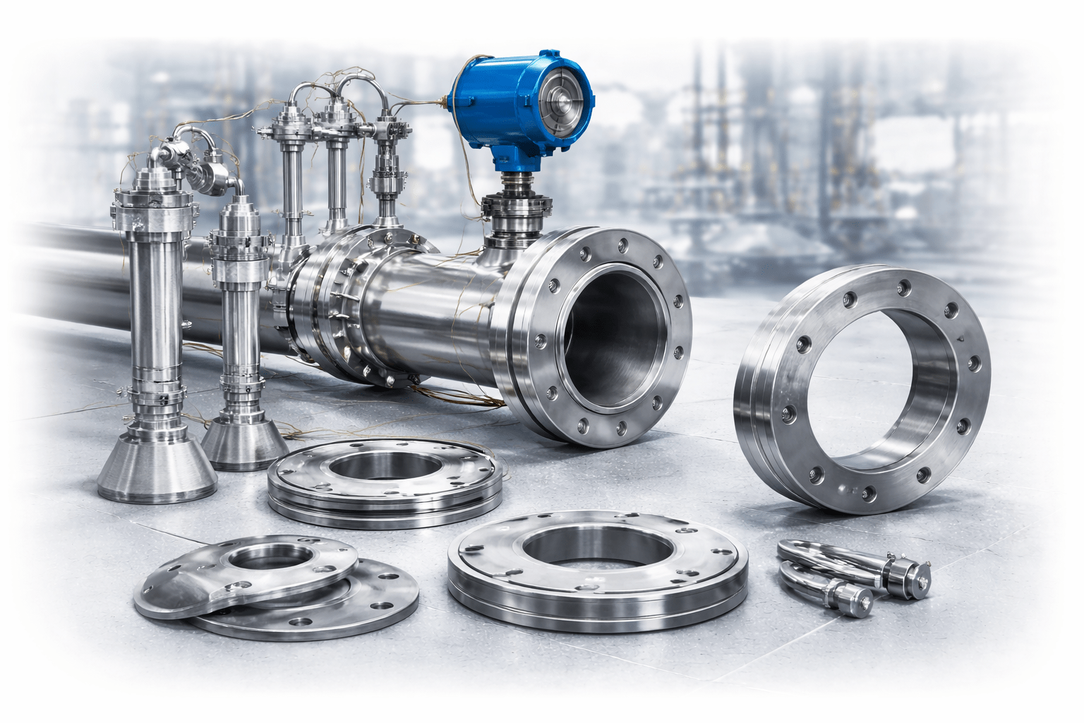 Orifice plate flow meter system components for industrial flow measurement