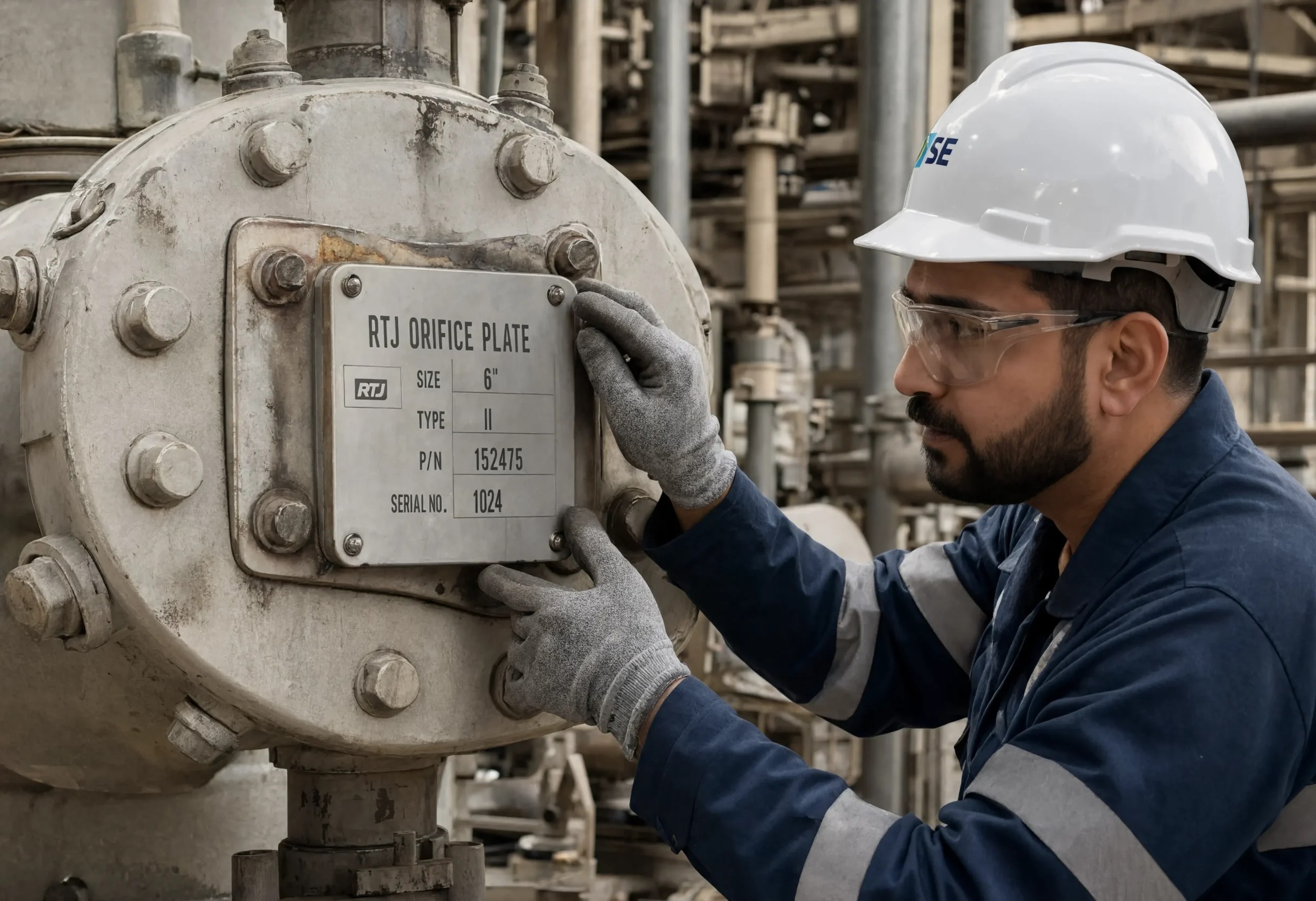 Engineer Inspecting Orifice Plate Holder Engineer inspecting an orifice plate holder for beta ratio and flow measurement accuracy review