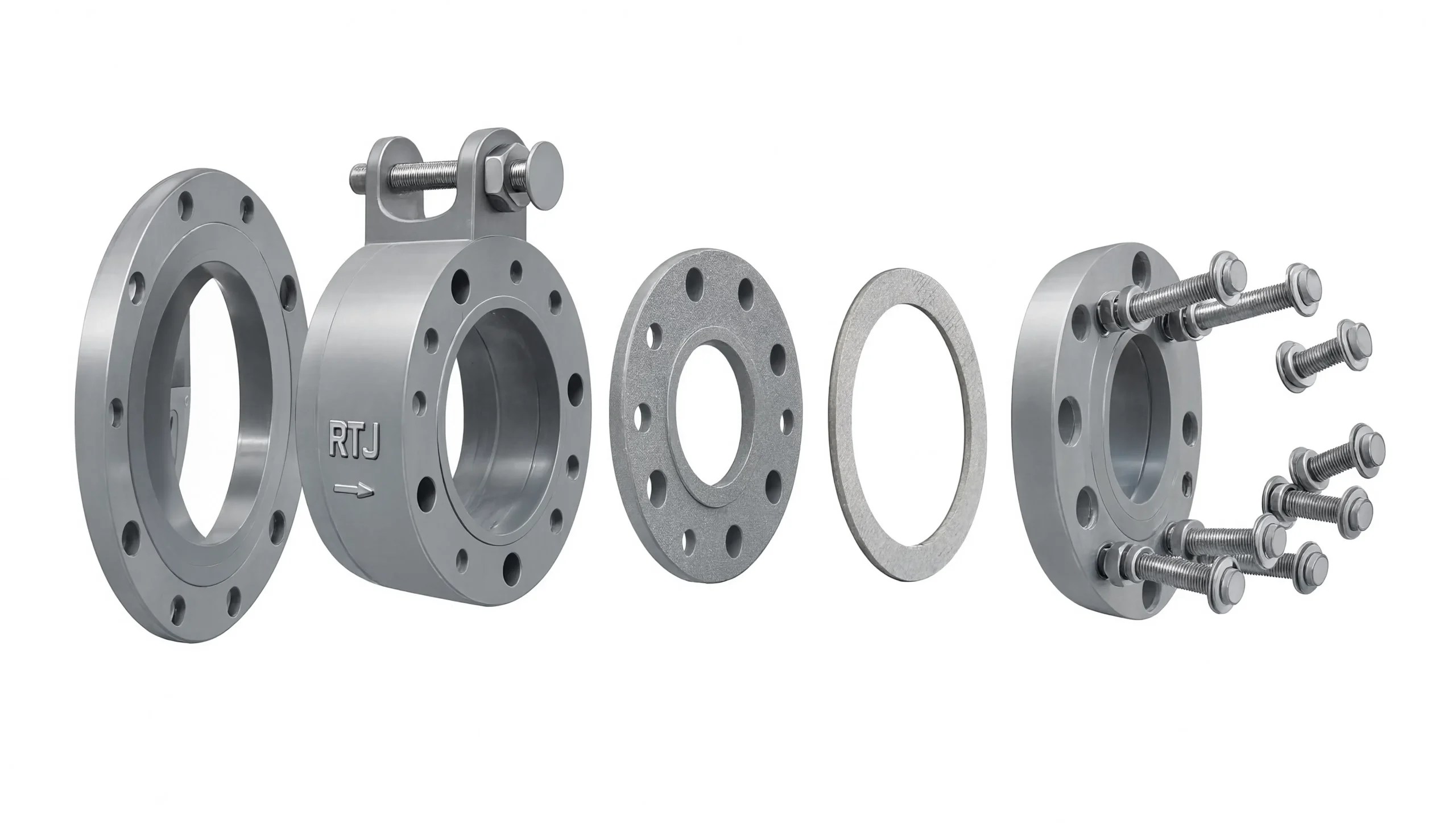 RTJ Plate Holders Exploded Assembly View Exploded assembly view of RTJ plate holders and ring joint orifice flange components