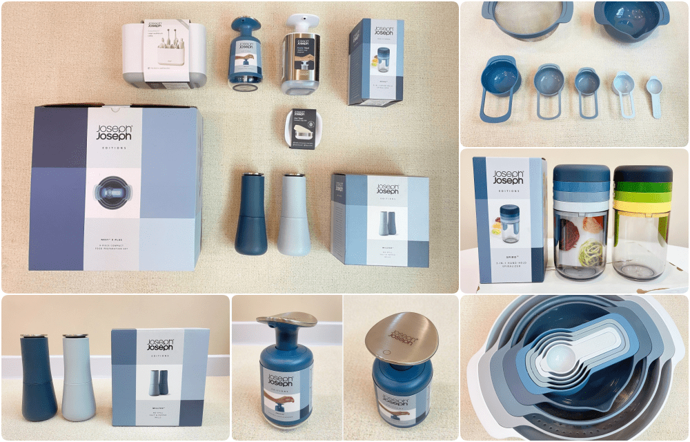 【Joseph Joseph團購】英國美型設計餐廚-廚房&浴室超實用夢幻逸品(天空藍胡椒鹽罐、量杯打蛋盆9件組、3合1刨絲器、壓皂瓶、皂盒、牙刷收納盒)