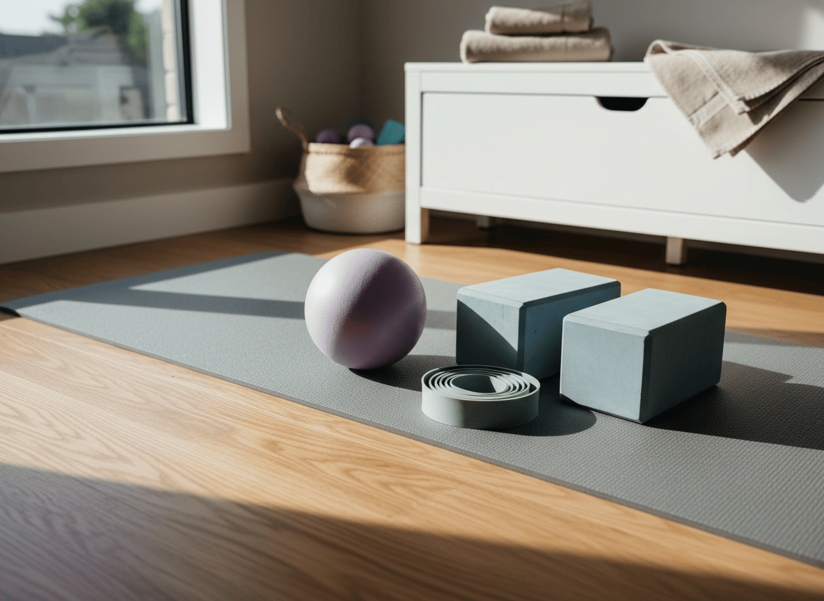 An inviting exercise corner in a pelvic health clinic shows a thick, dove-gray exercise mat laid out on a warm oak floor, beside a low, white storage bench. On the mat rests a small, air-filled Pilates ball in muted lavender, a pair of soft foam yoga blocks in stone blue, and a neatly coiled light-resistance band in sage green. The bench holds folded neutral-toned towels and a discreet basket for equipment. Natural afternoon light pours in from a side window, casting long, gentle shadows and a serene glow. Photographic realism, captured from a low, three-quarter angle, highlights the textures and contours of the equipment, creating a calm, supportive, and non-intimidating environment for pelvic floor strengthening exercises related to pregnancy and postpartum recovery.