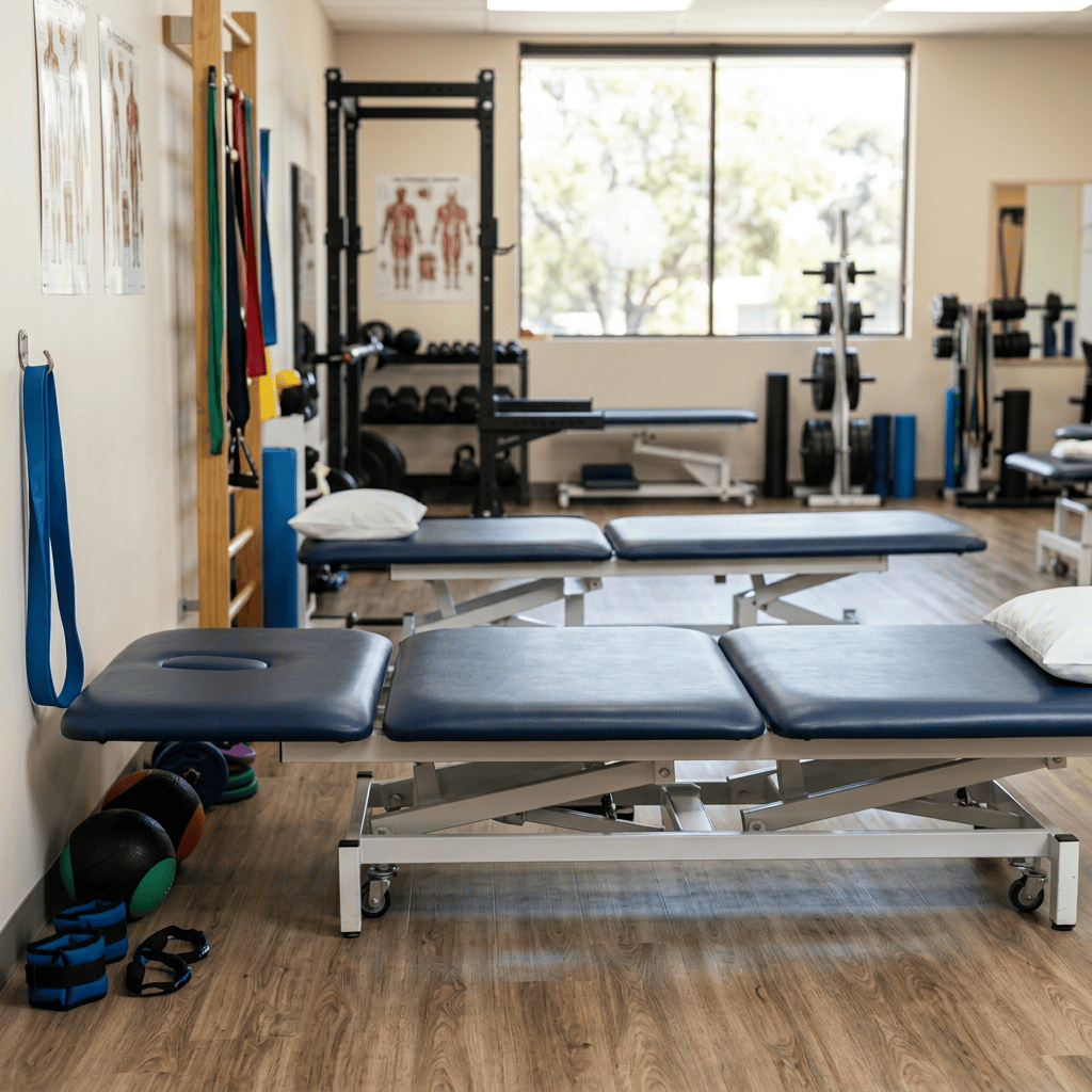 Physical therapist helping man perform resistance band arm exercise while seated