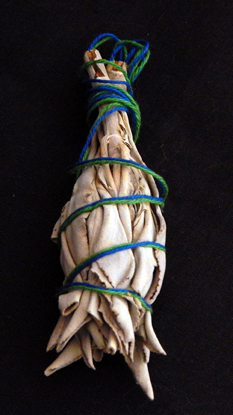 Smudging, purification, cleansing, healing-USA/Mexico-Native American-Dried sage with blue and green string-4 1/2" long