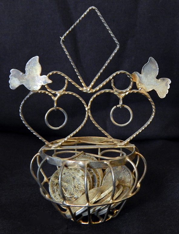 Pledge that groom will support bride-Philippines-Roman Catholic/Latino-Metal basket, thirteen coins adorned by hearts, rings, doves-3 1/2"x2 3/4"x1 3/4"-each coin 3/4"
