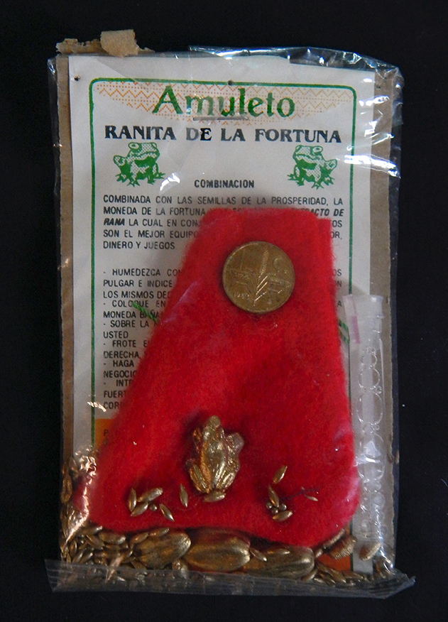 Good luck and prosperity-Mexico-Gold painted frog amulet, coin, gold painted seeds, red cloth and vial of frog essence-Package-4 3/4" x 3"