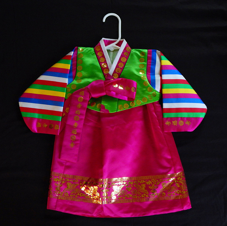 One year birthday celebration costume-Korea-Korean-Satin and gold stamping, on satin-lining polyester-21"-long, width at sleeves 31", width at skirt 16"