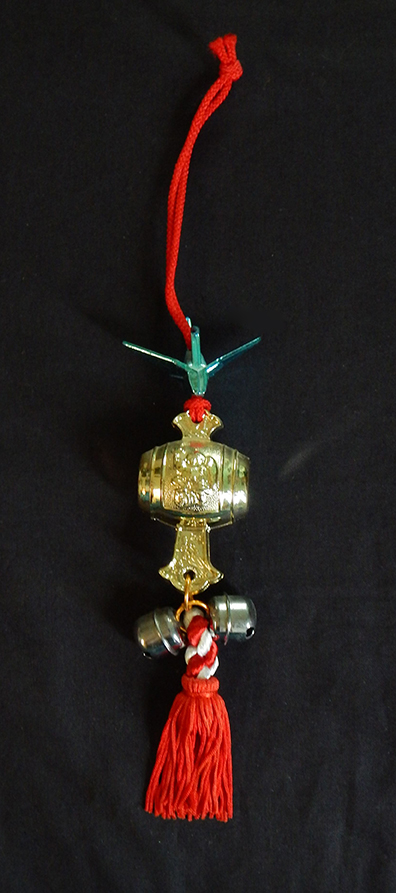 Protection-Japan-Buddhist? Shinto?-Red thread/Plastic sake barrel/Origami crane/Bells-7 1/2" long