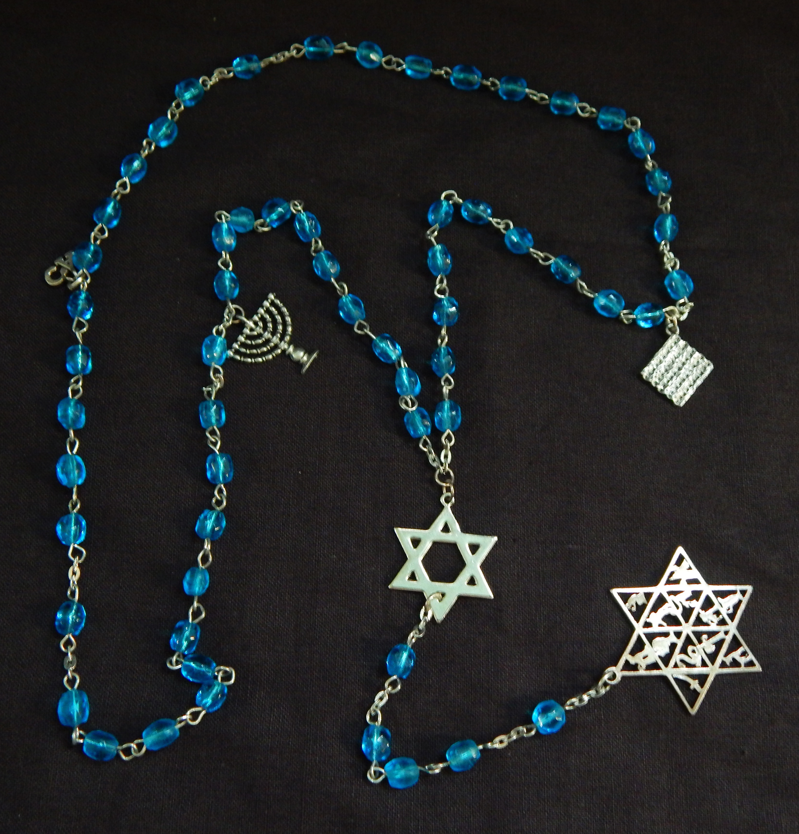 Prayer counter-USA-Non-traditional-Glass beads with silver chain symbols (Star of David, menorah, matzo)-21" long