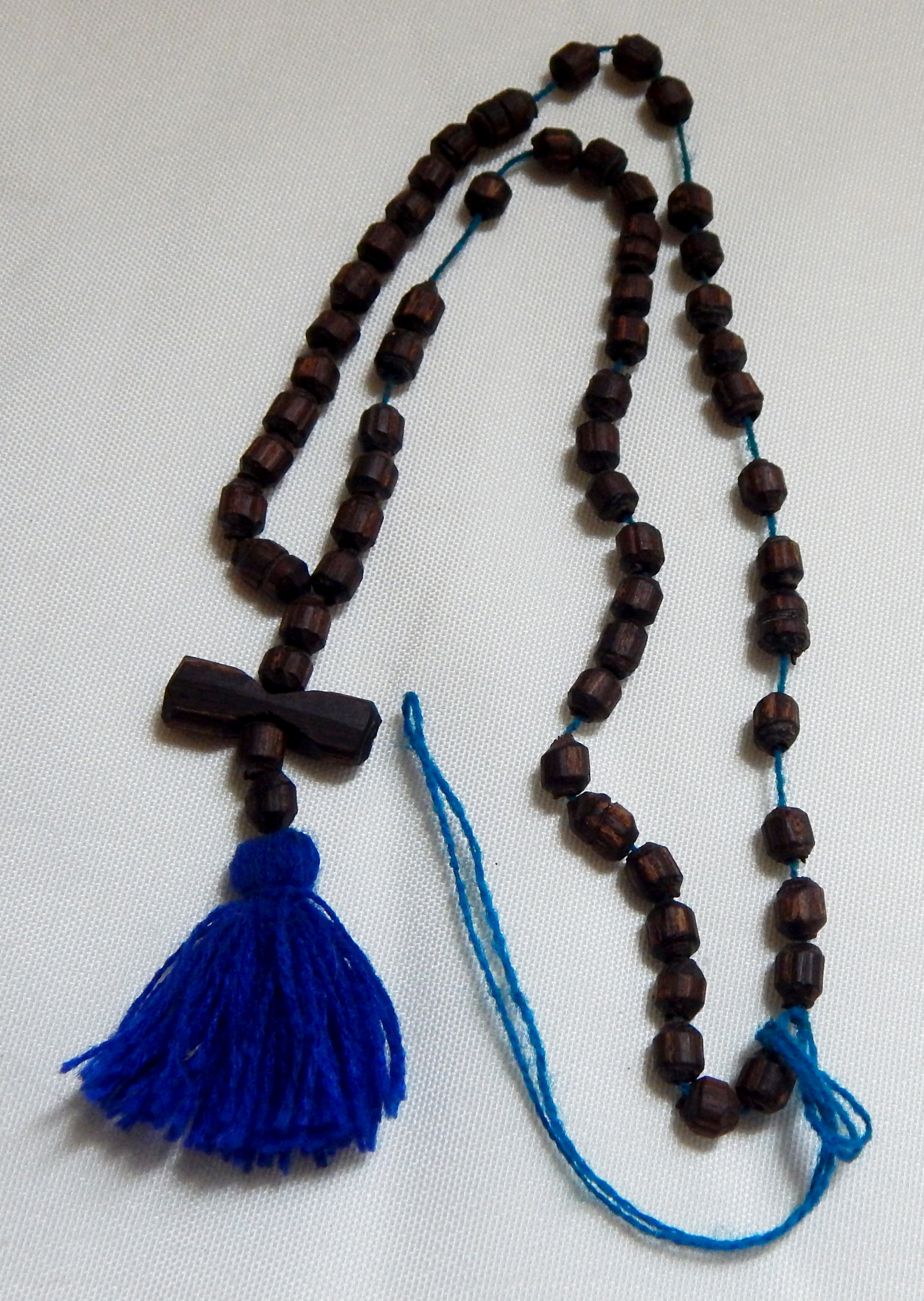 Prayer counter-Southeast Sonora, Mexico, and Southwest USA-Catholic/Yaqui Indians-5 sets of 10 wooden beads/Blue string/Royal blue tassel-12"