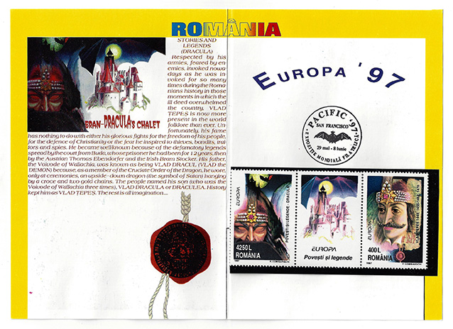 Card with Romanian postage stamps/Two images of Vlad Tepes/One image of Bran Castle