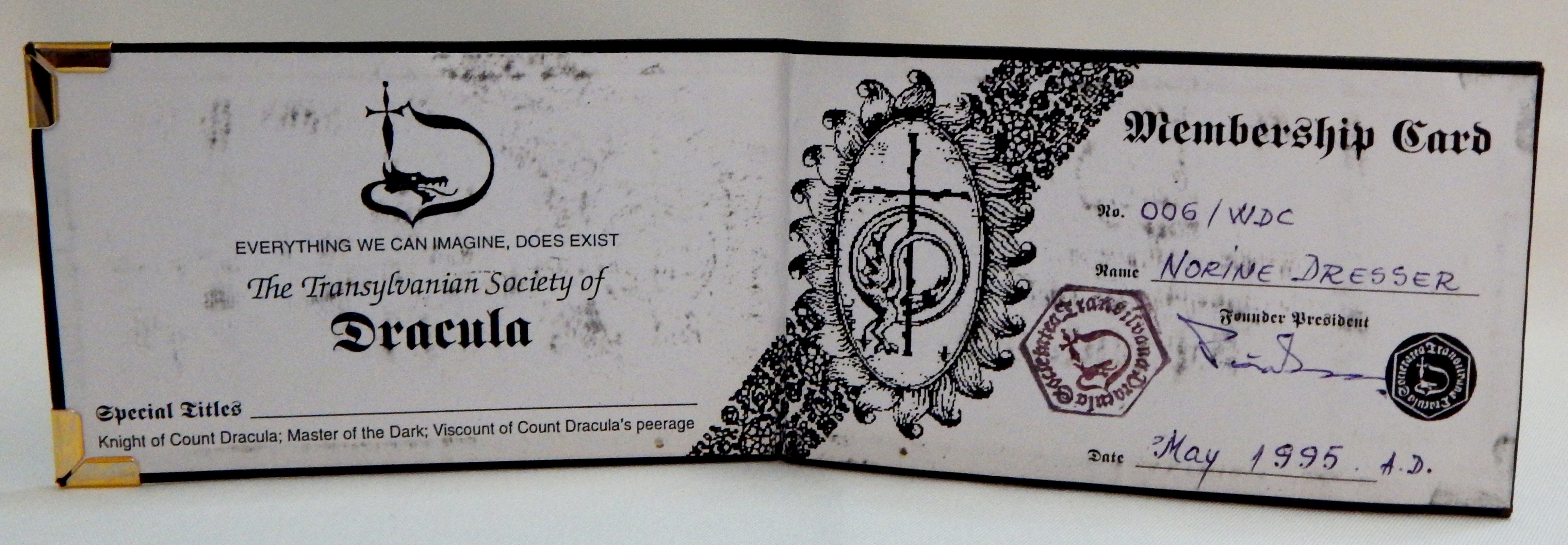Membership card for the Transylvania Society of Dracula (interior)