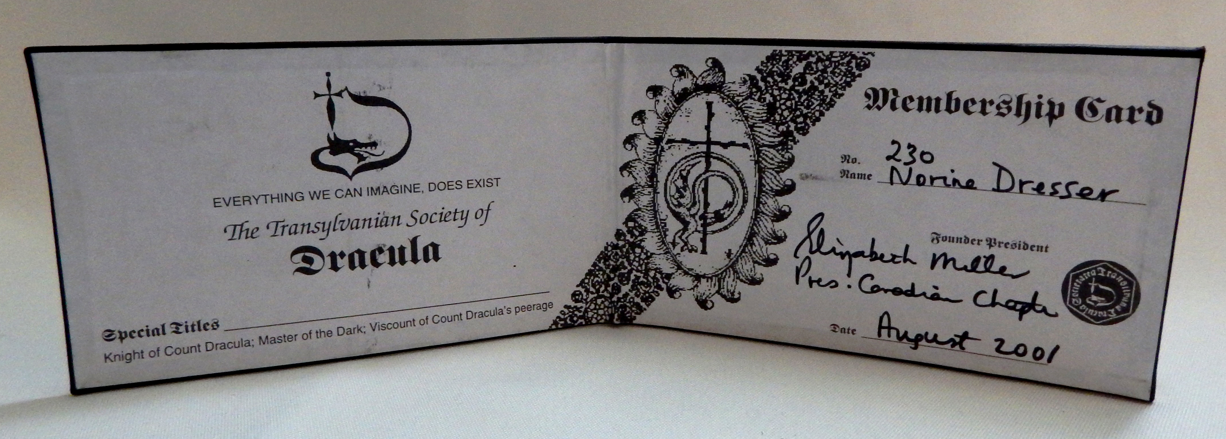 Membership card from the Canadian branch of the Transylvania Society of Dracula (interior)