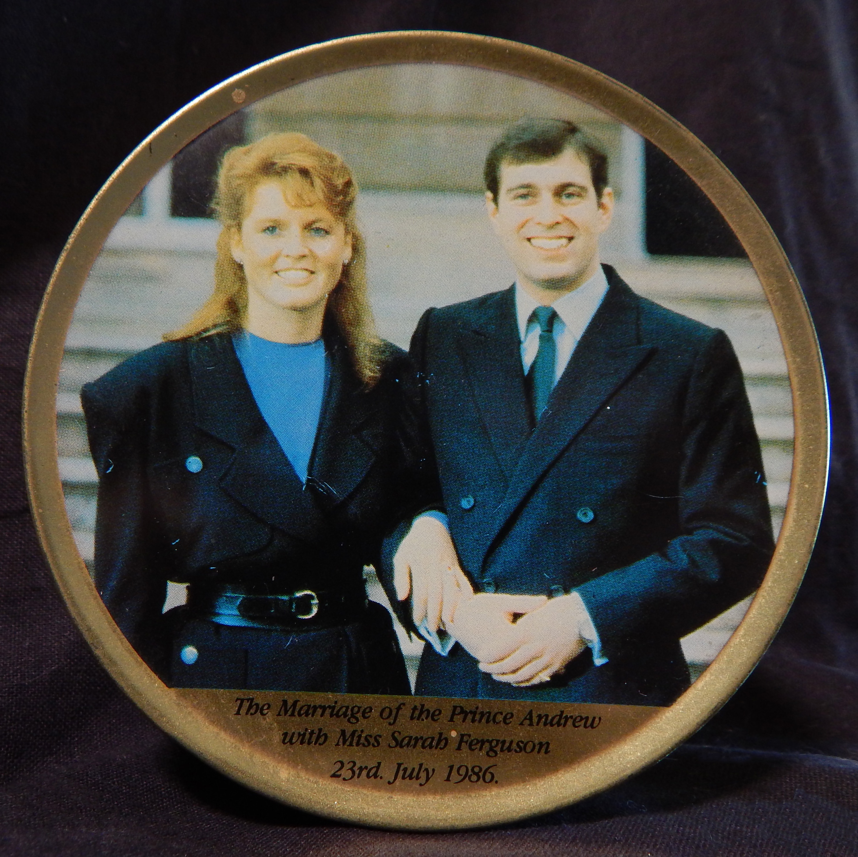 Tin of candy with photos of Prince Andrew and Sarah (Fergie) Ferguson (side view)