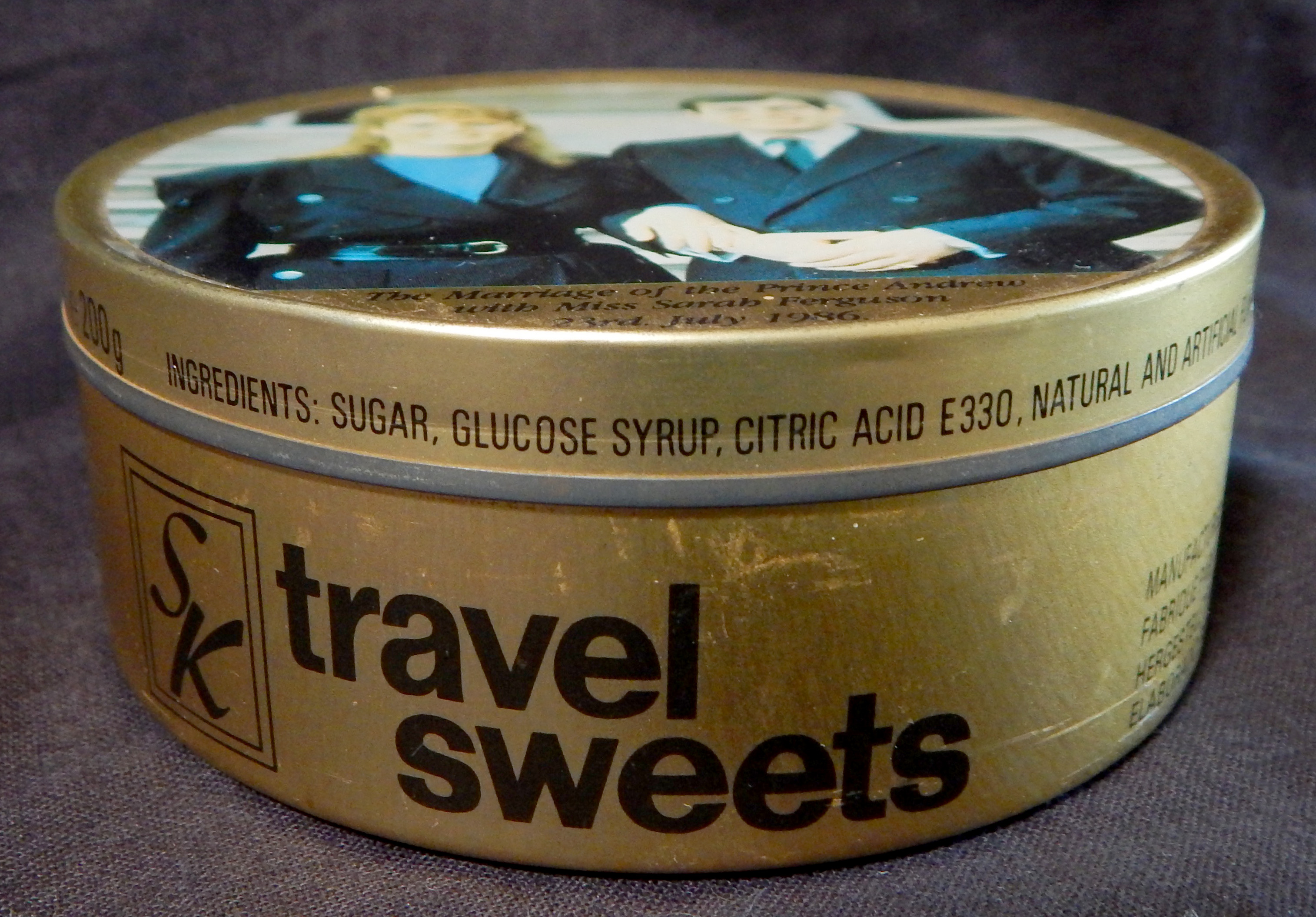 Tin of candy with photos of Prince Andrew and Sarah (Fergie) Ferguson (side view)