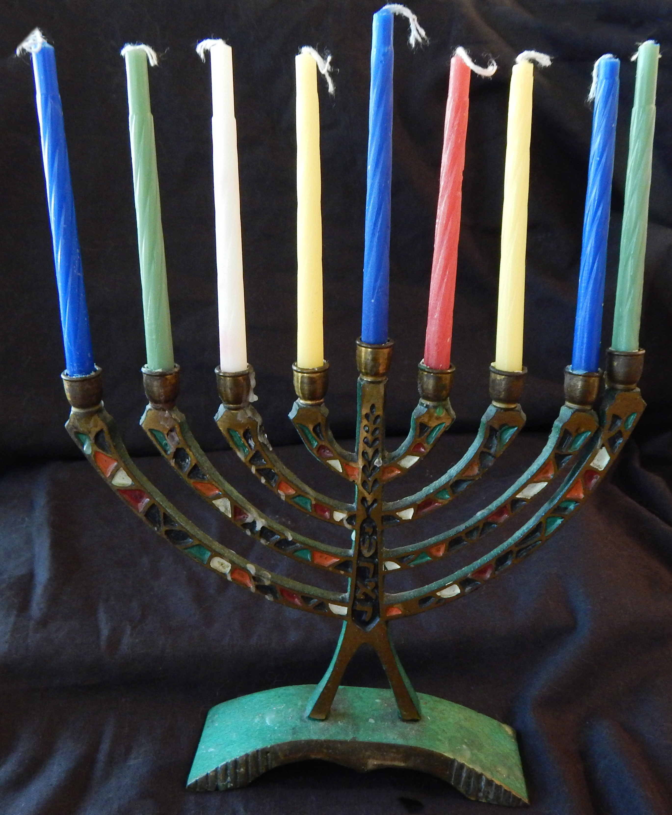 Part of Hanukkah celebrations-Israel-Global-Metal/enamel-7" x 7 1/2" (candles-3 3/4" tall)