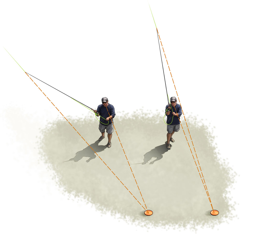 Illustration of a fly fisherman casting at lawn target