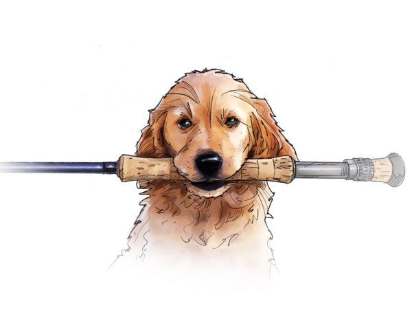 illustration of a golden retriever with a fly rod in its mouth