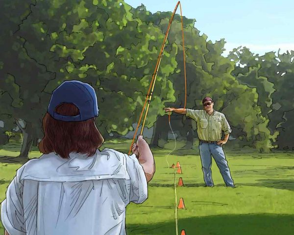 Illustration depicting the back of a fly fishing student casting a fly towards the casting coach