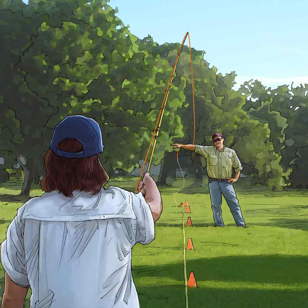 Illustration depicting the back of a fly fishing student casting a fly towards the casting coach