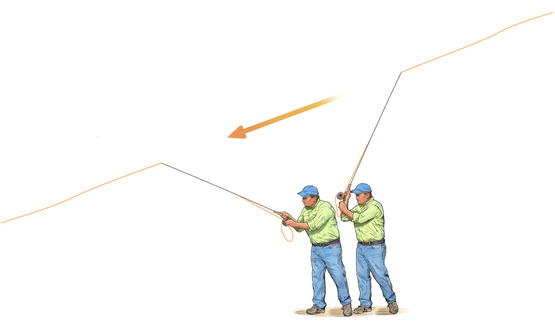 Illustration of a fly fisherman Casting in Windy Conditions