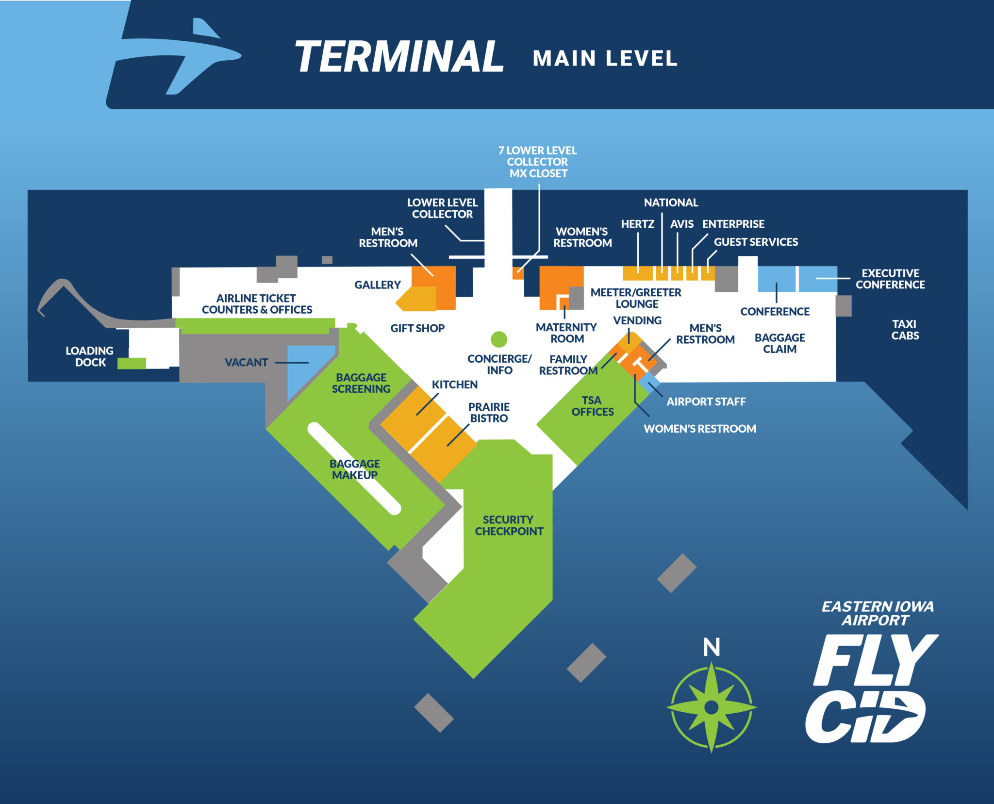 In The Terminal Eastern Iowa Airport Amenities Terminal Map FLYCID Terminal Map Main Level 2048x1656 