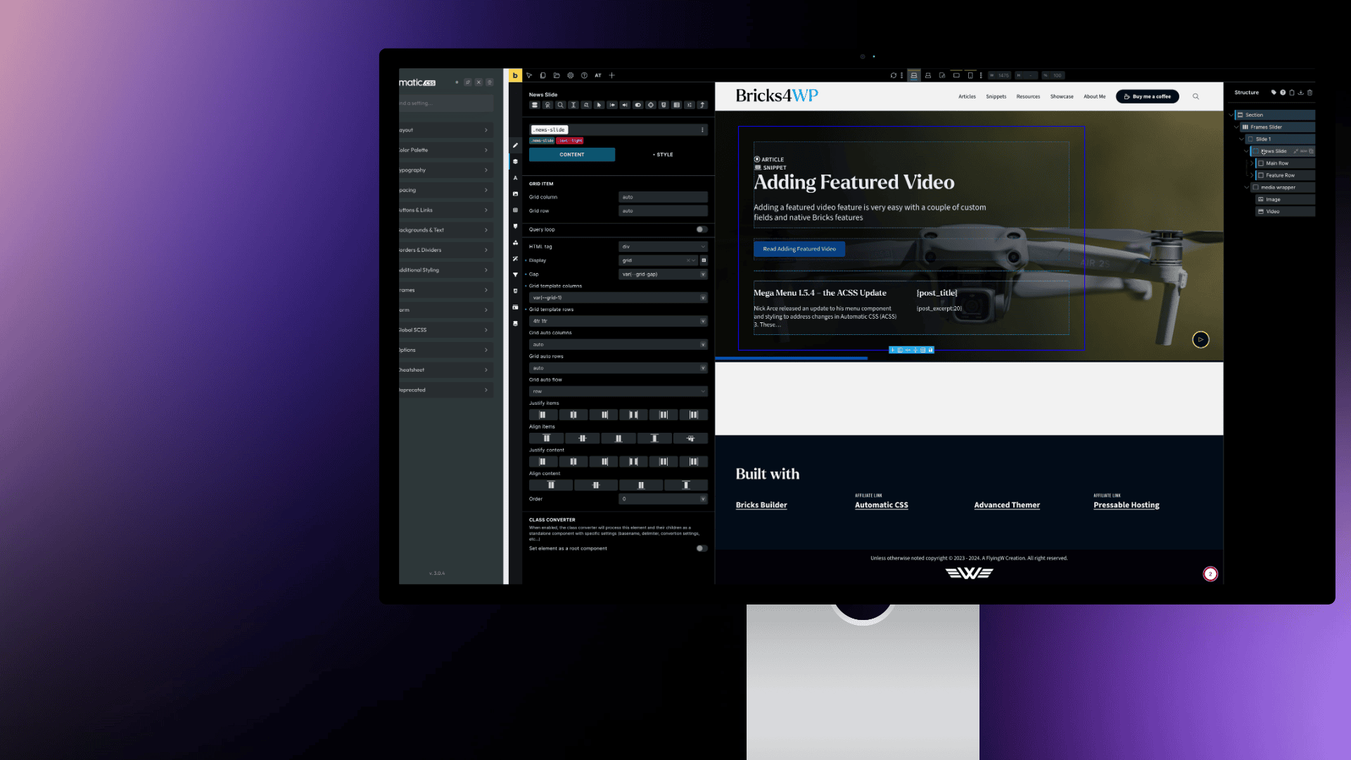 screenshot of the Bricks builder with the grid showing and ACSS activated