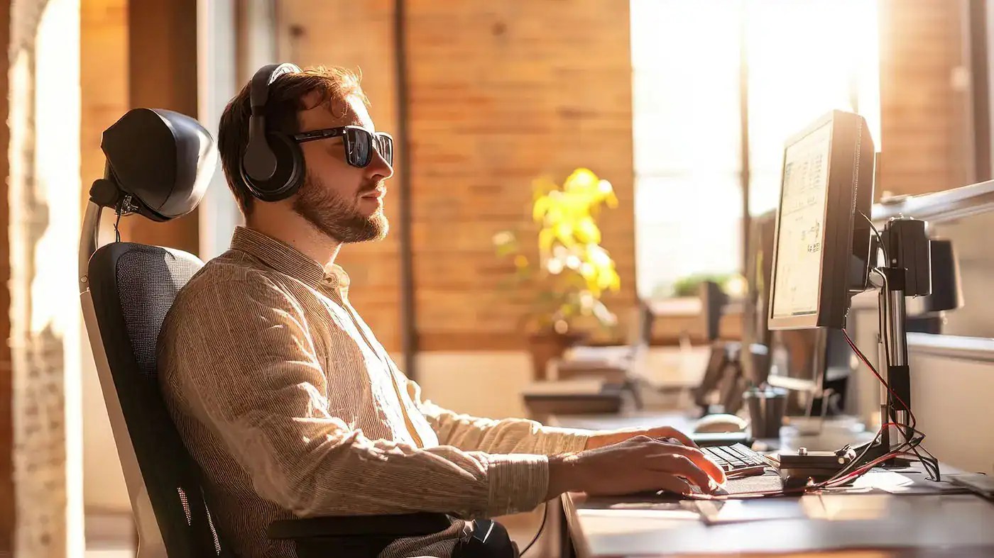 Inclusive Workspace with visually Impaired employee using assistive technology.