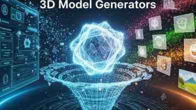 Comparison grid showing before and after results from AI 3D model generators - text prompts transformed into detailed 3D models including characters, objects, and architectural elements