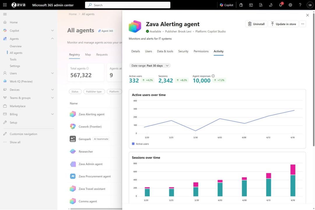 Microsoft Agent 365 dashboard showing observability, governance, and security controls for AI agents